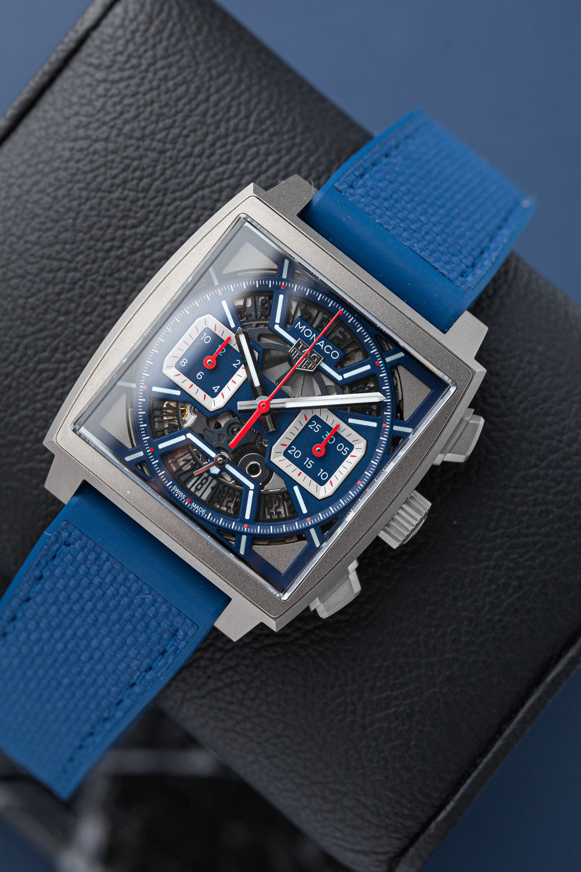 Tag Heuer Monaco Chronograph 39mm Watch - Blue Dial - Blue Rubber & Leather Band - Titanium Square Case